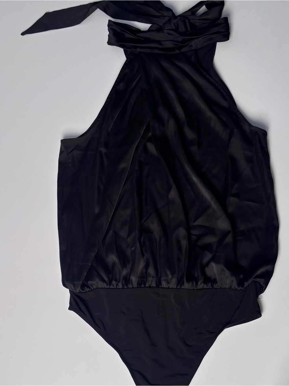 Y2K Express Black Satin Tie-Neck Bodysuit